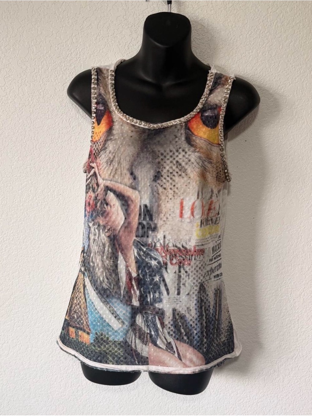 Y2K Dishe Jeans Milano Owl Rhinestone Tank Top